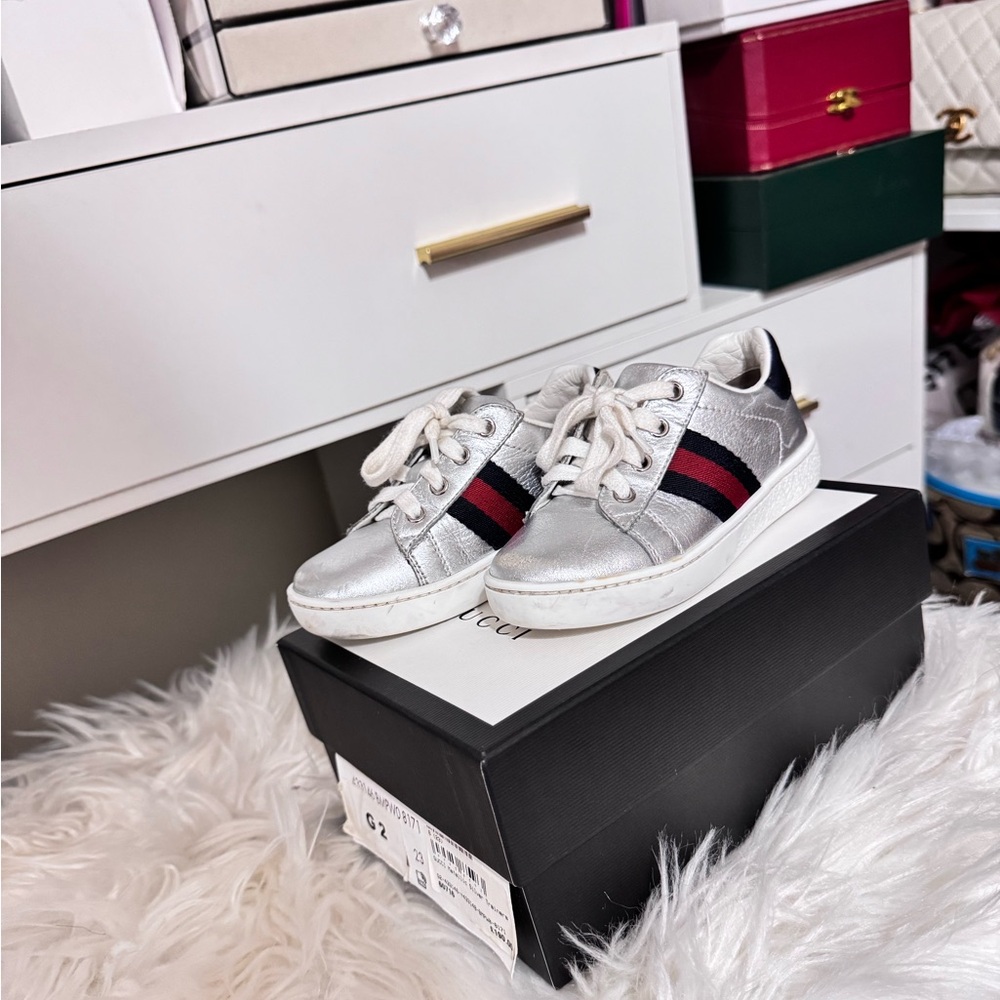 GUCCI Ace Metallic Leather Web Sneakers, Toddler/kids In Silver